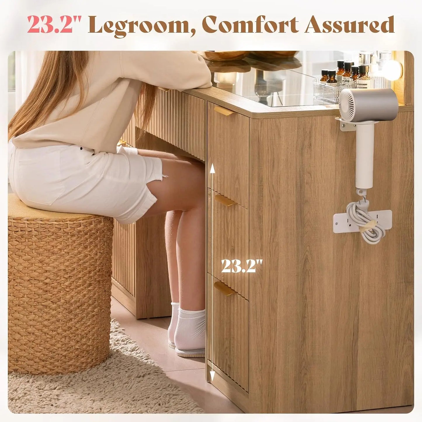Fluted Vanity Desk With Mirror And Adjustable LED Lights
