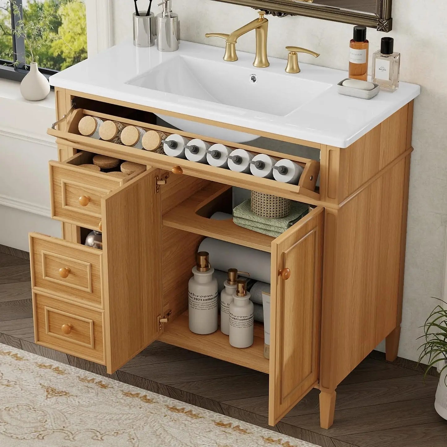 Free Standing Modern Bathroom Vanity With Sink And Tip-Out Drawer
