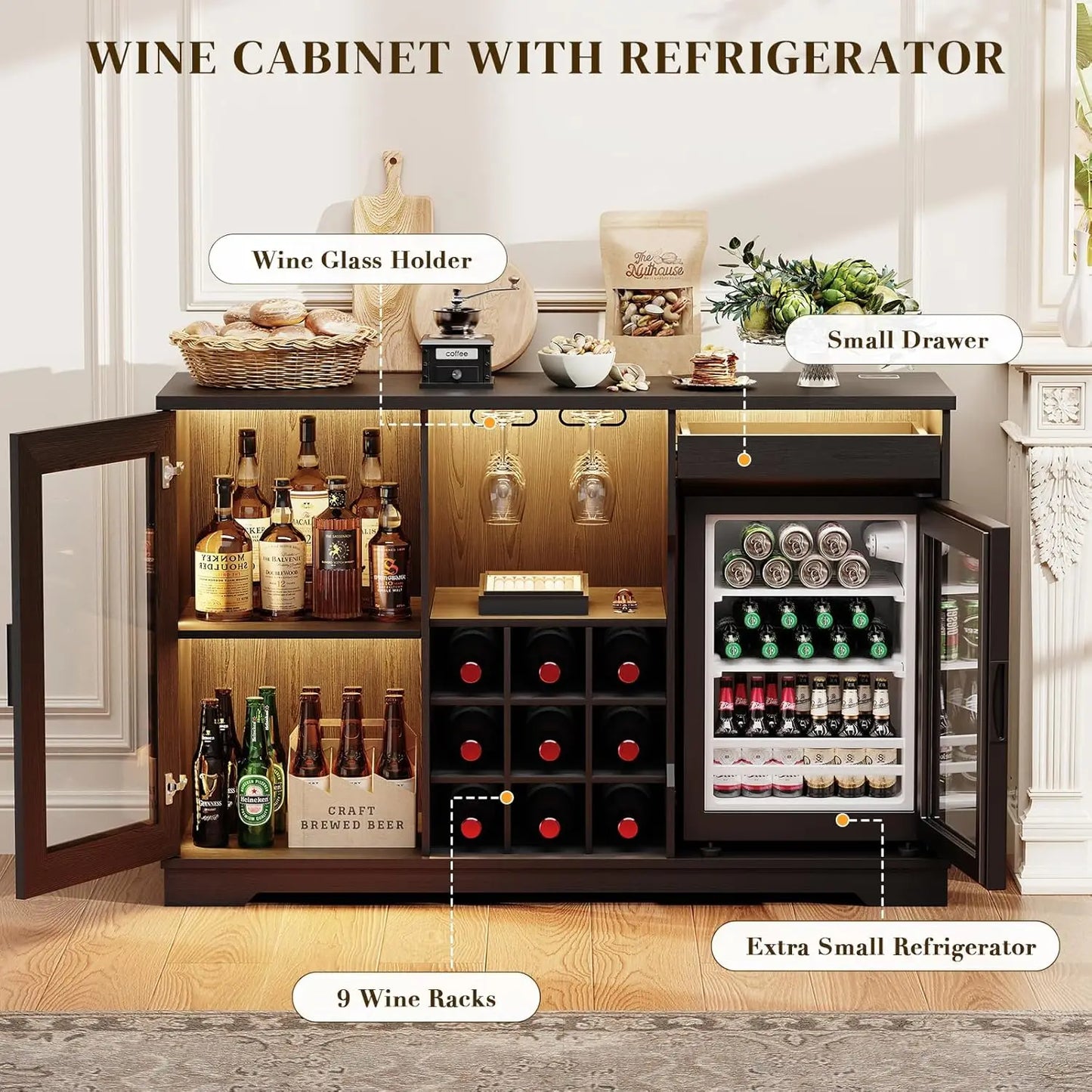 Wine Bar Cabinet With Fridge Included And LED Lights