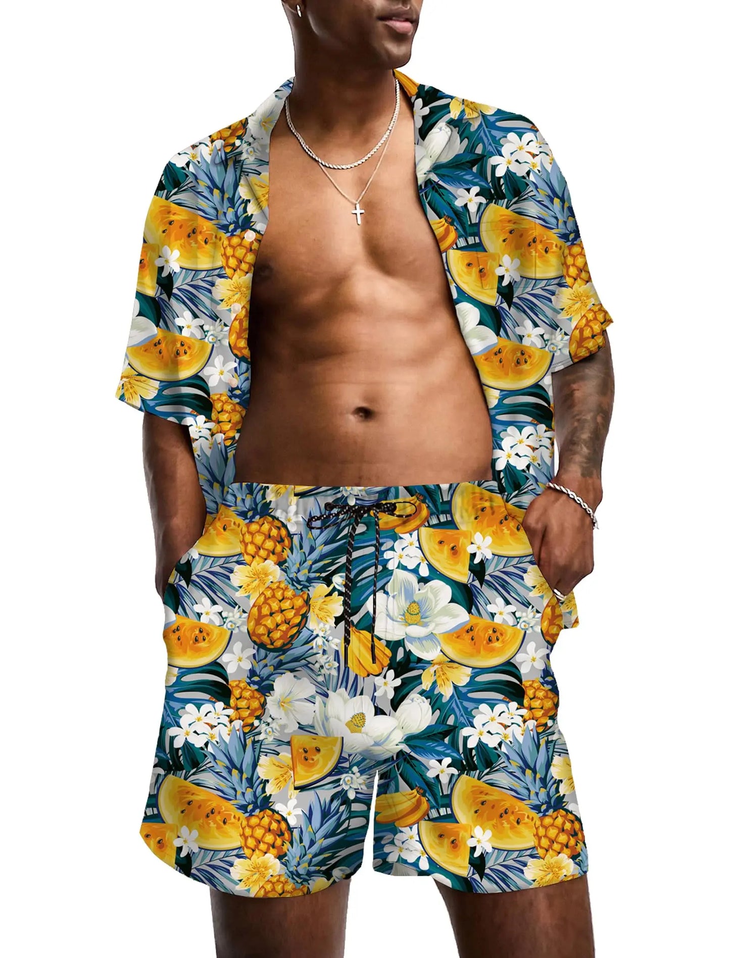 KYKUCN Men Summer Short Sleeve Button Down Beach Shirt Set