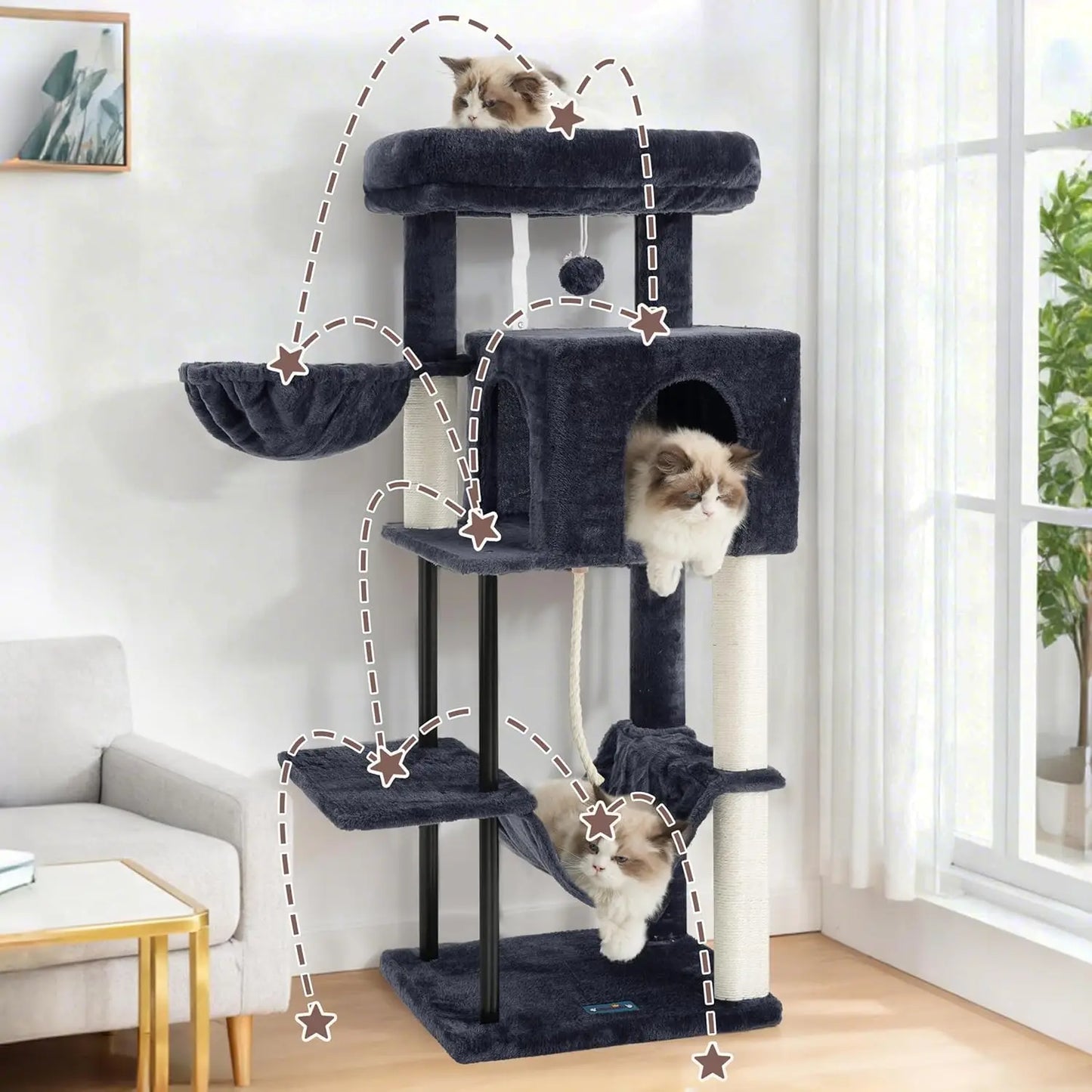 Sturdy Steel Cat Tree Tower With Hammock And Scratching Post