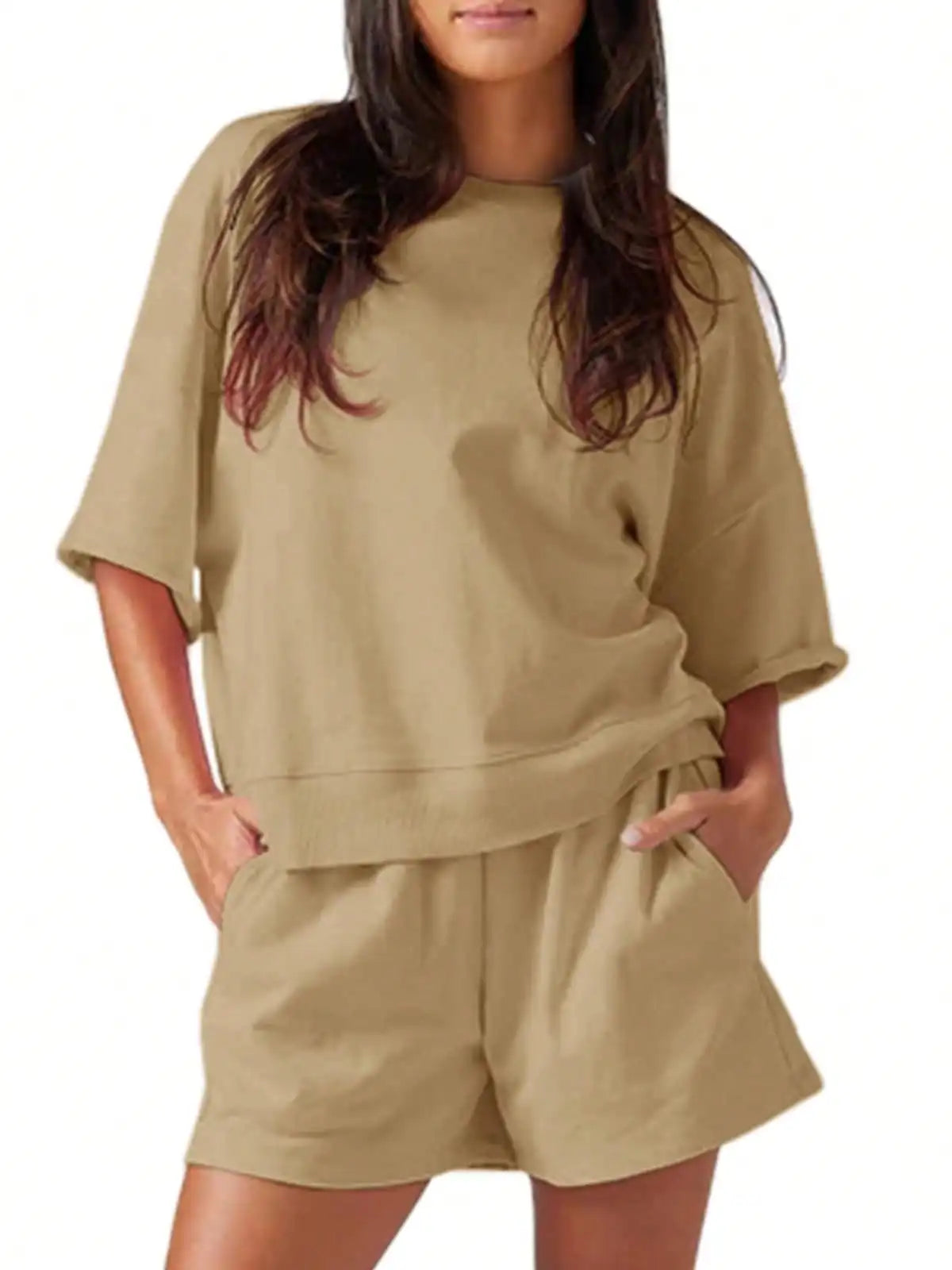 Fisoew Women High Waist Running Shorts Set With Cropped Sweatshirt
