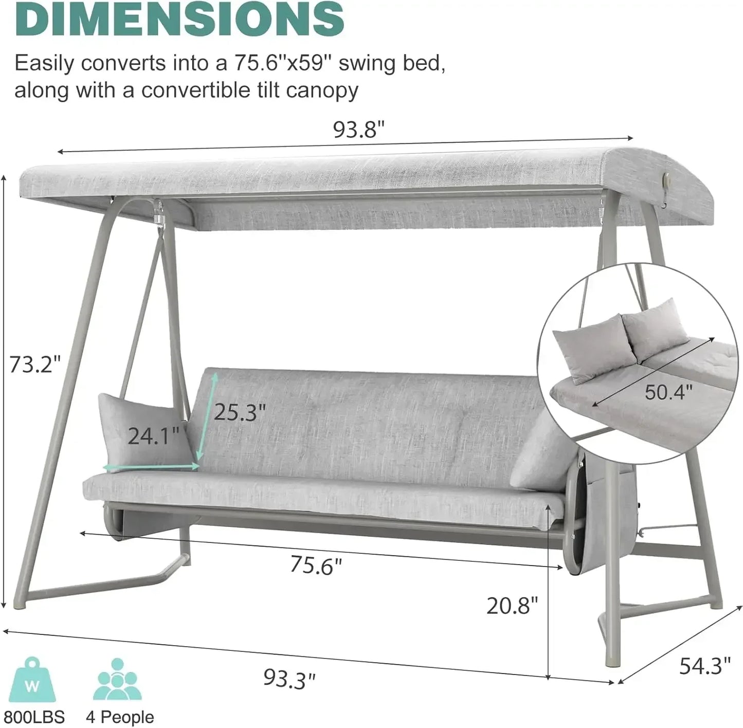 XMSJ 3 To 4 Seat Porch Swing 2in1 Outdoor Bed With Adjustable Backrest