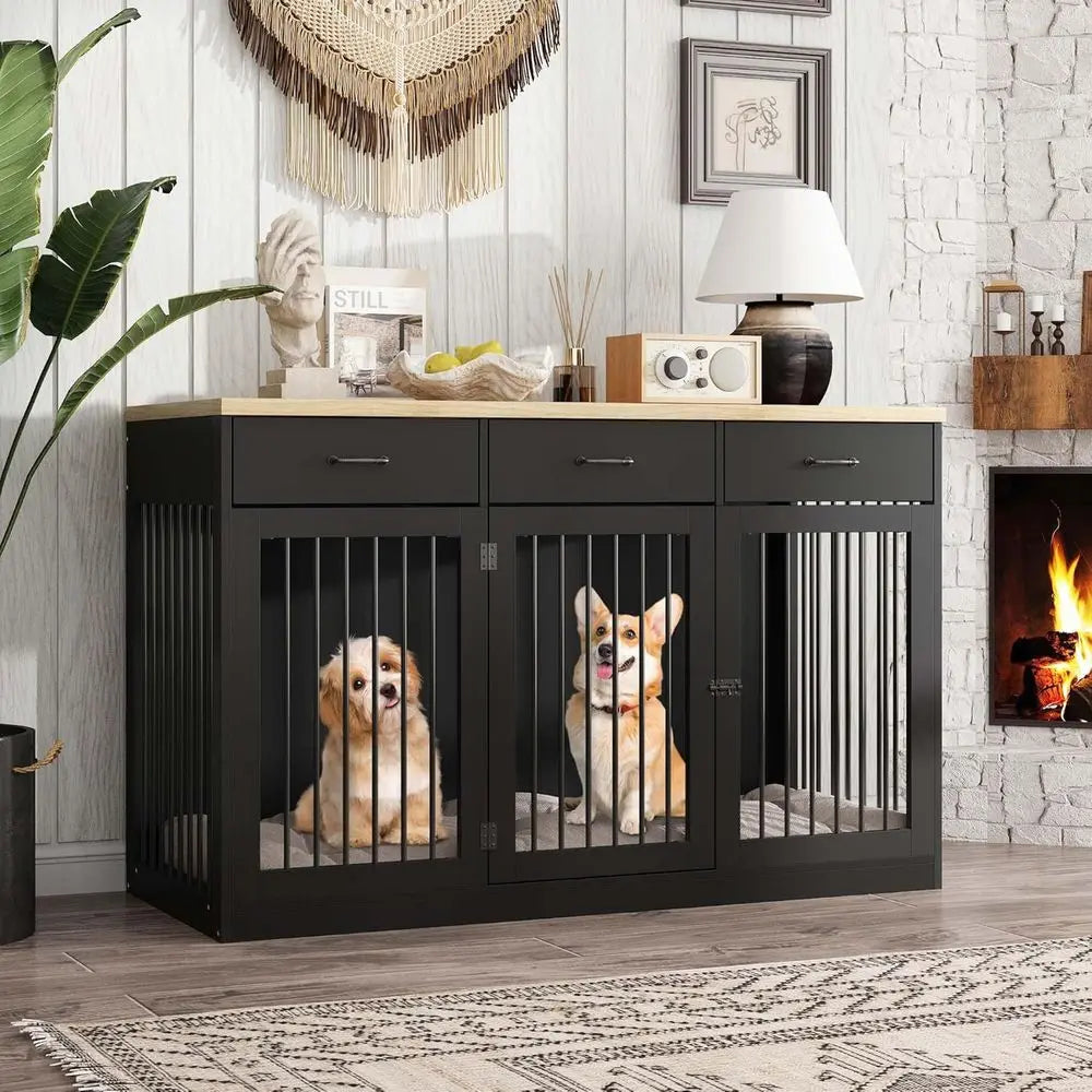 Wooden 3 Door Dog Crate TV Stand