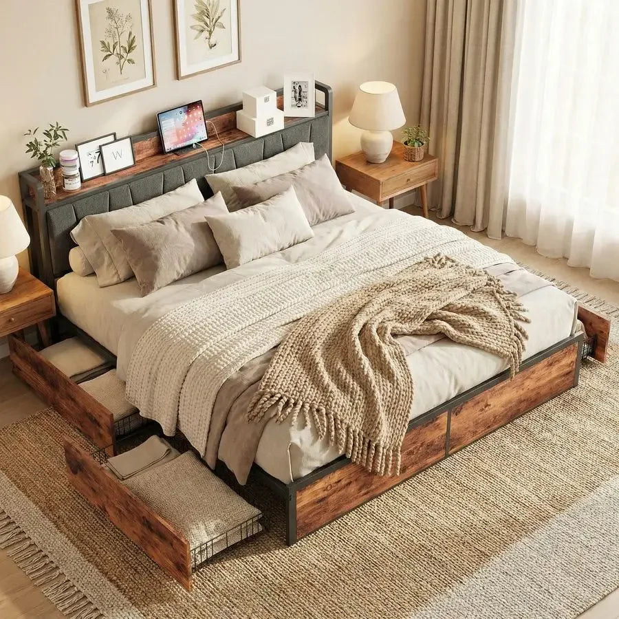 King Platform Bed Frame With 4 Storage Drawers And Headboard