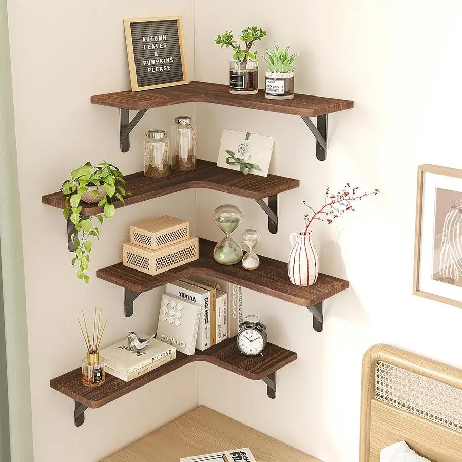 XMSJ Rustic Wood Wall Mounted Corner Floating Shelves Set