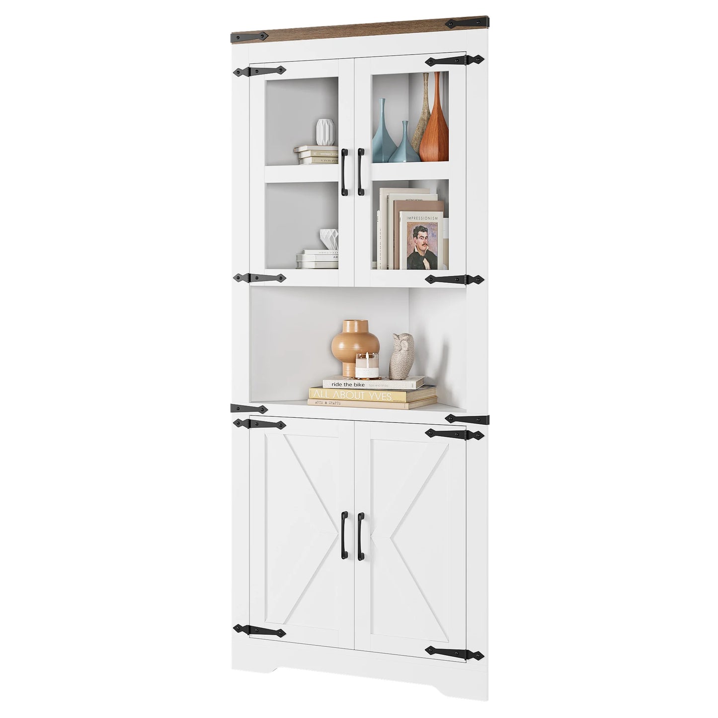 Farmhouse Tall Corner Cabinet With Barn Door And Adjustable Shelves