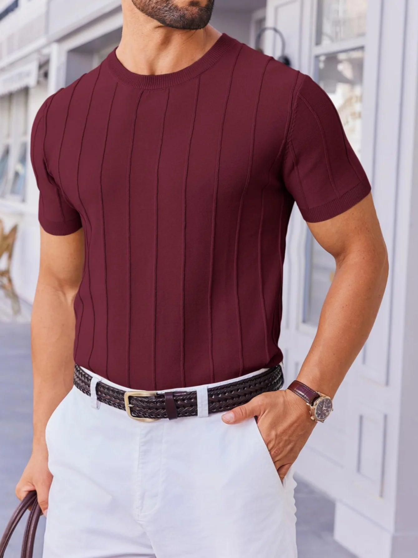 Men Summer Minimalist Short Sleeve Knit T Shirt Round Neck