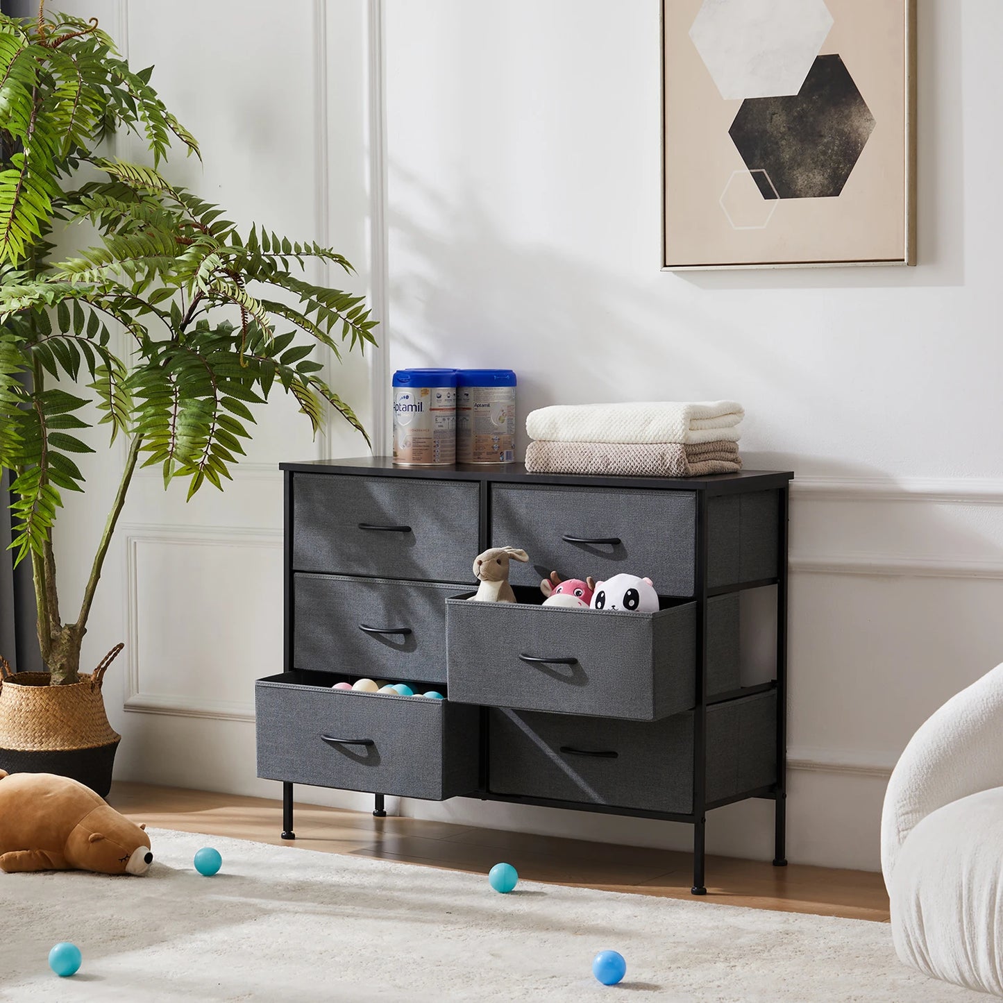JHK Six Drawer Fabric Nightstand With Storage Cabinet Furniture