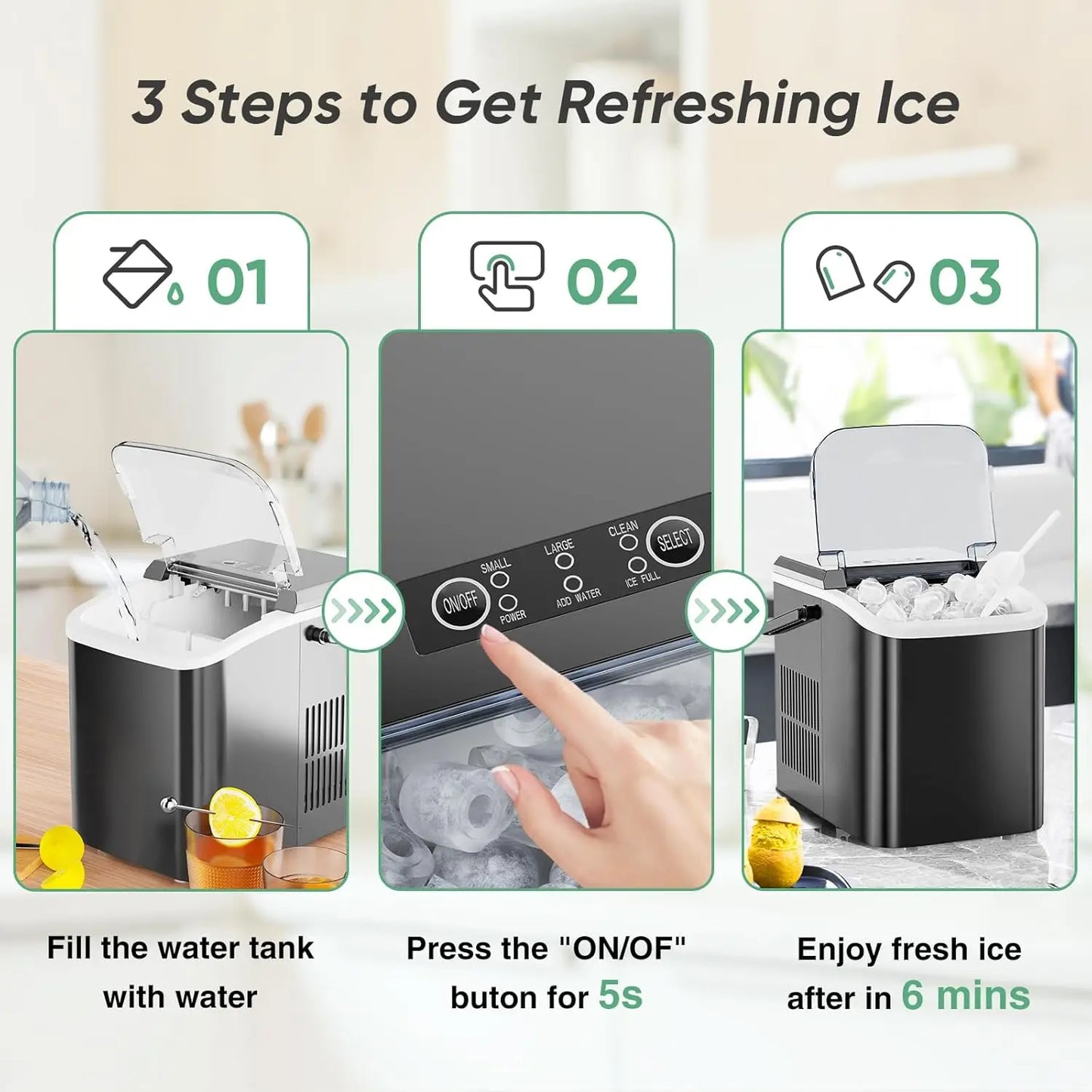 Compact Portable Countertop Ice Maker 26 Lbs Per 24 Hours