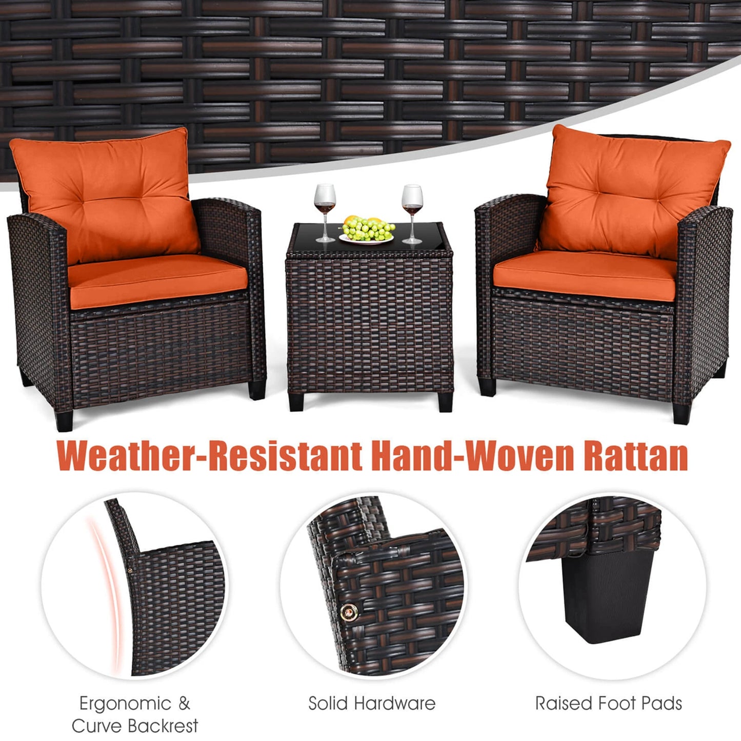 HOMASIS 3-Piece Outdoor Patio Rattan Furniture Set With Cushions