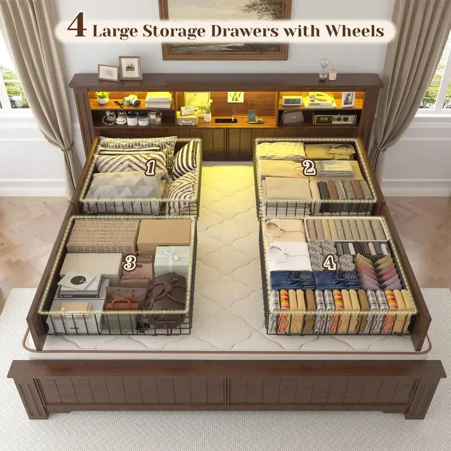 Bed Frame And Headboard With Storage And LED Charging Station