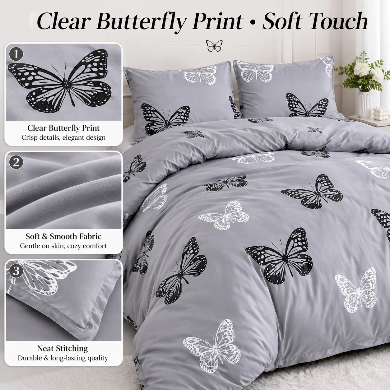 Three Piece Butterfly Duvet Cover Set With Pillowcases