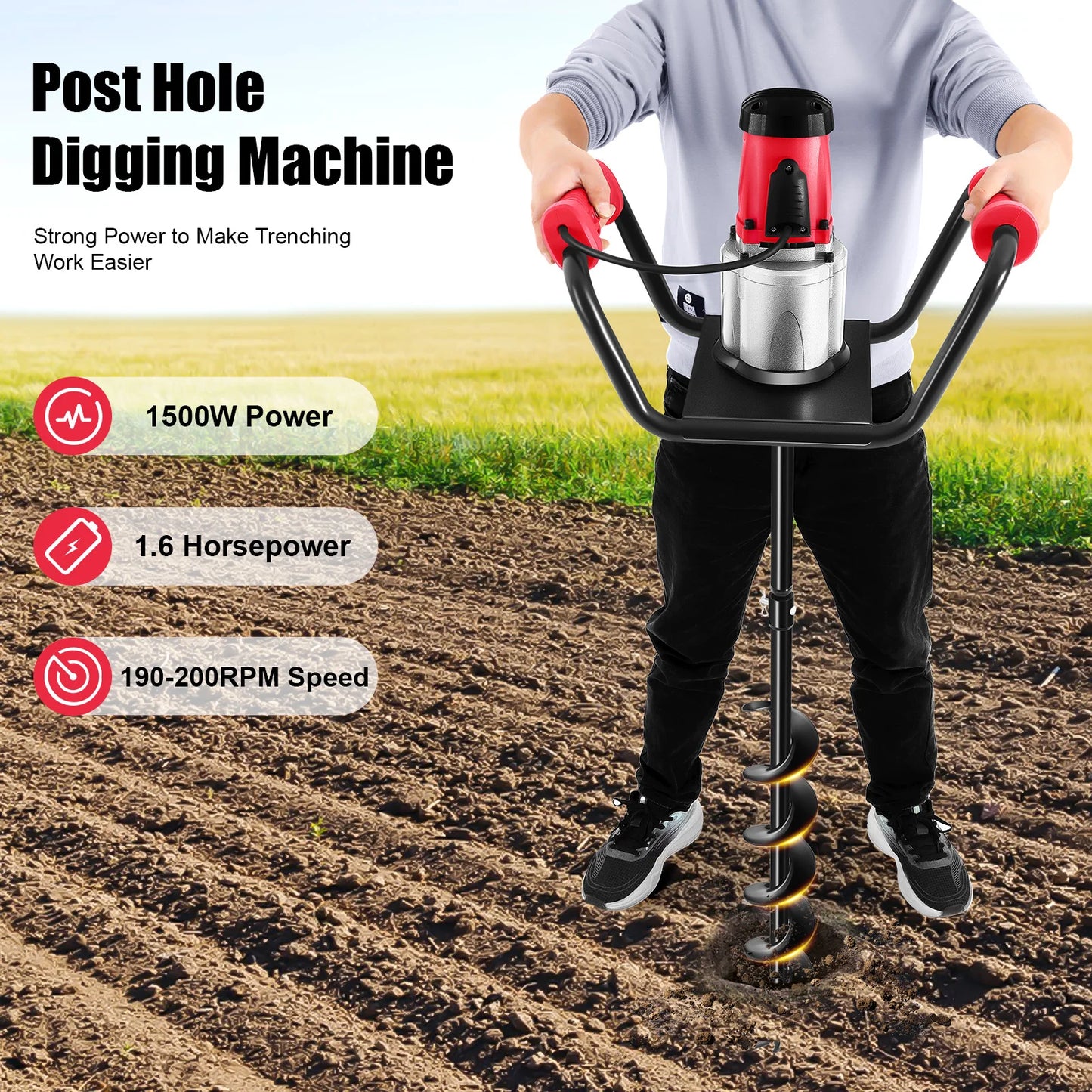 CNCEST 1500W Electric Post Hole Digger Garden Drill