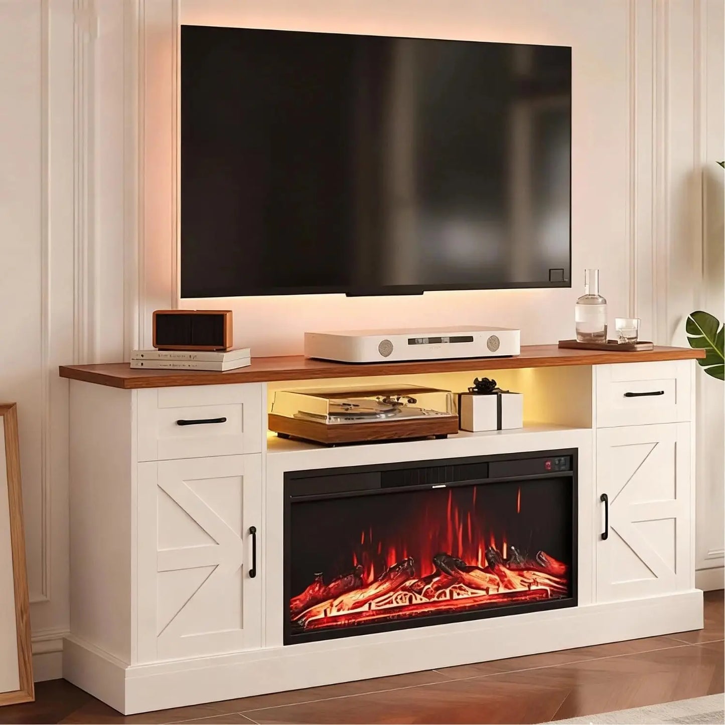 Farmhouse Style Electric Fireplace TV Stand Console Unit