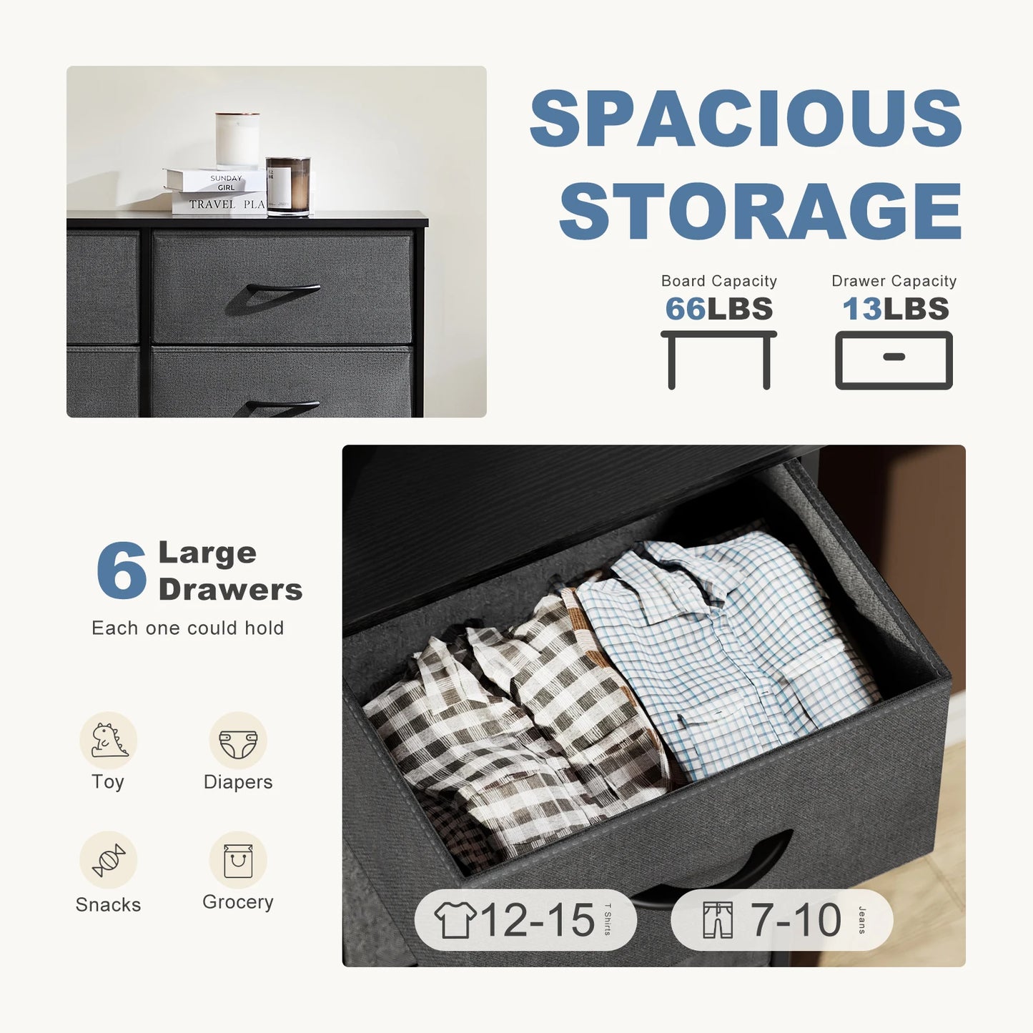 JHK Six Drawer Fabric Nightstand With Storage Cabinet Furniture