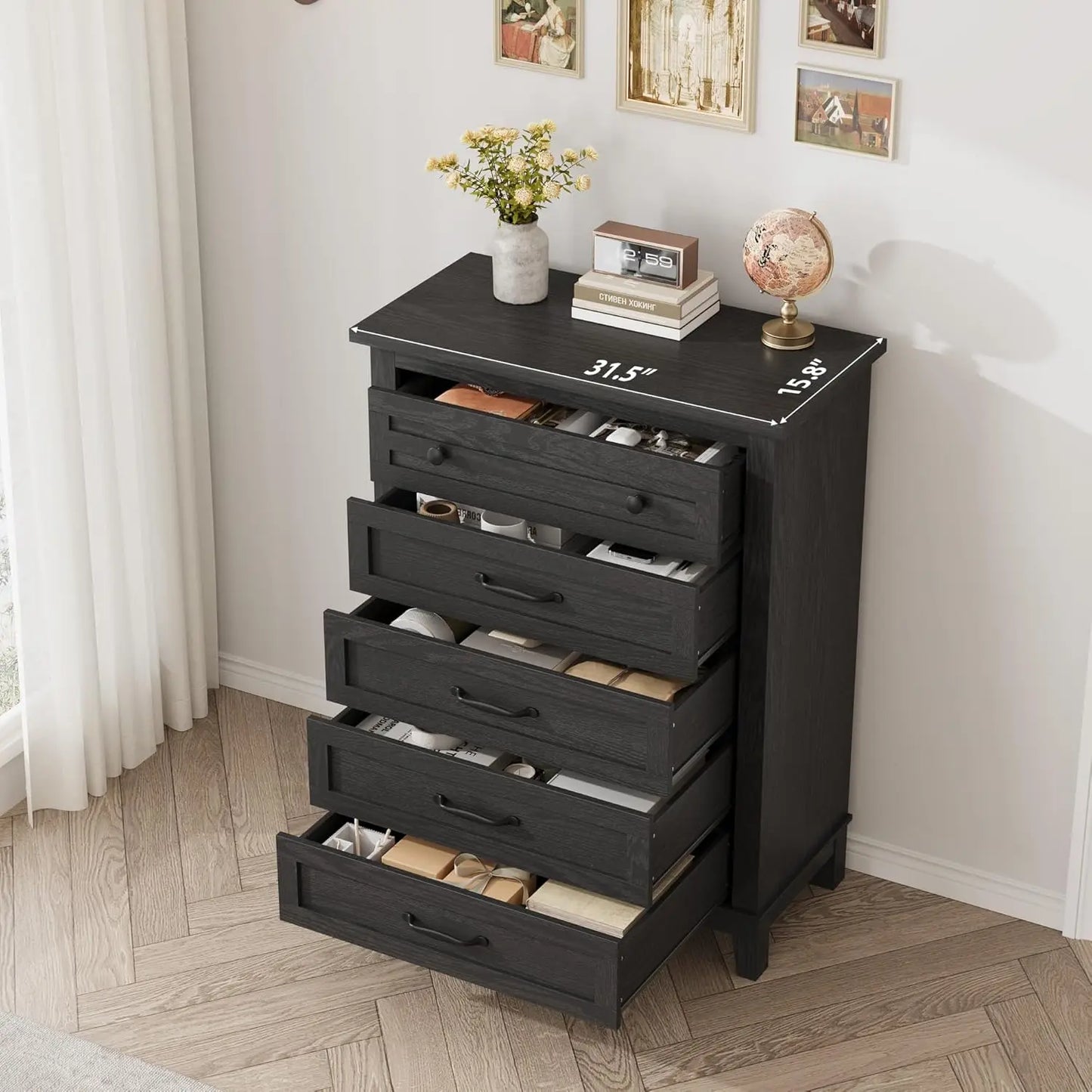 Vertical 5 Drawer Wooden Dresser For Bedroom And Living Room