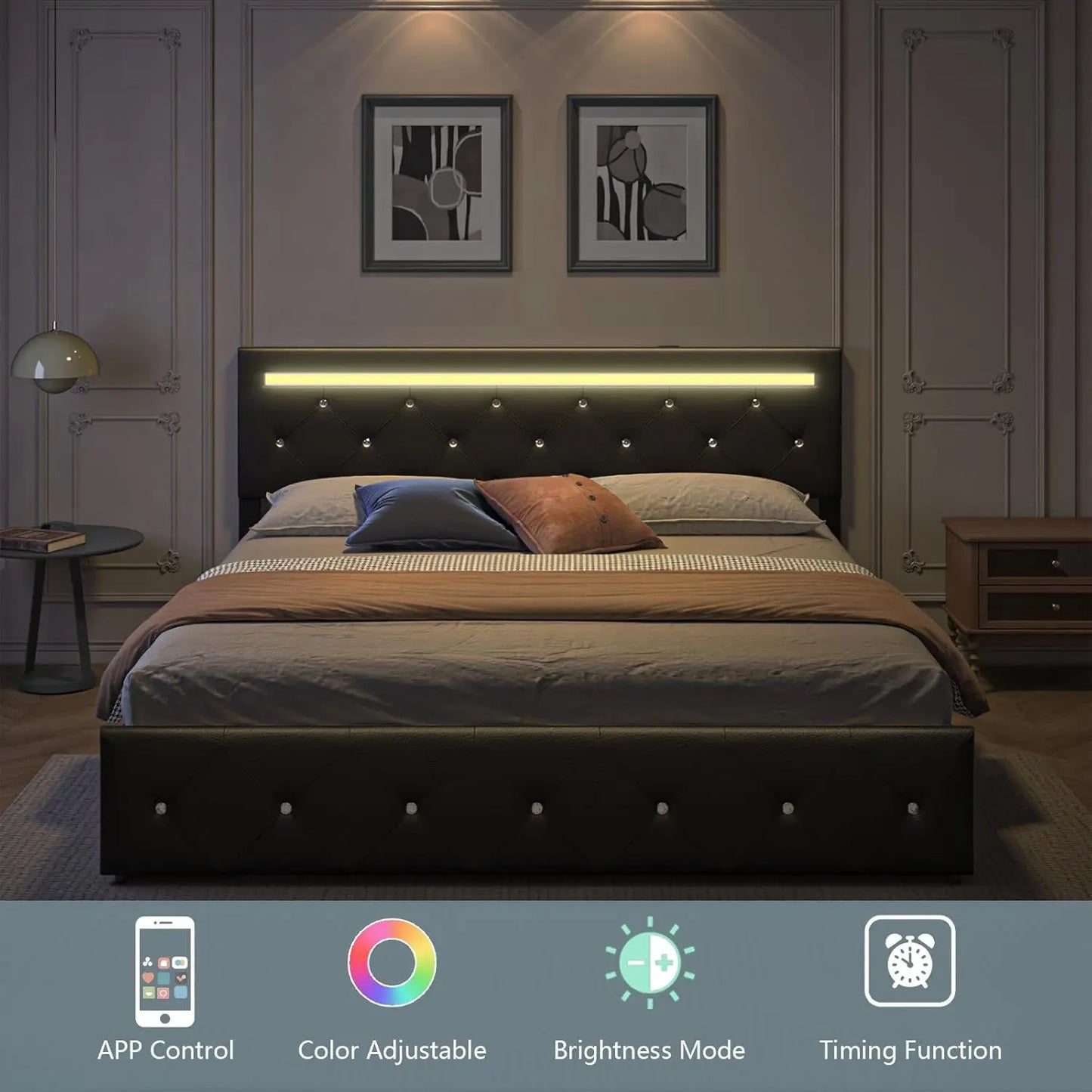 Queen Size Bed Frame with LED Light and Storage Drawers