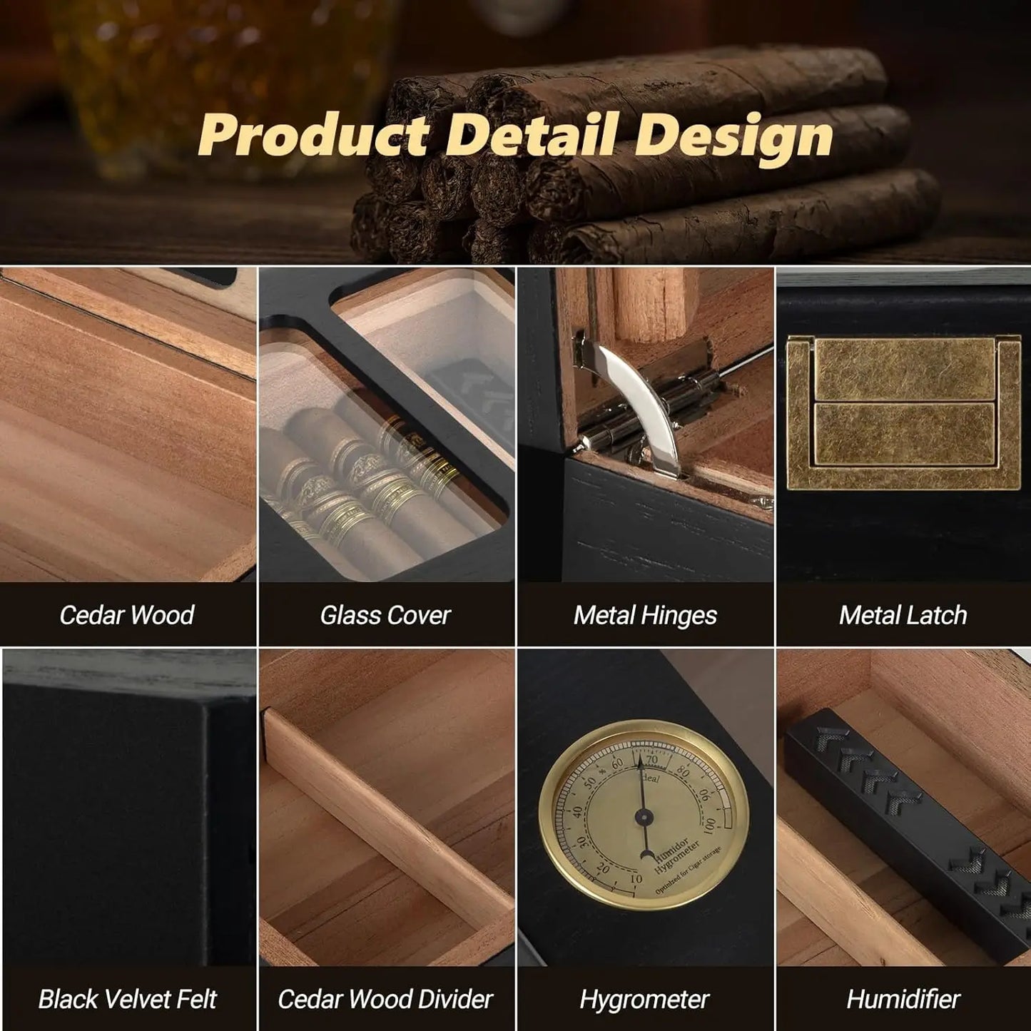 UseWire Cedar Wood Cigar Humidor Glass Top Premium 20-35 Cigars