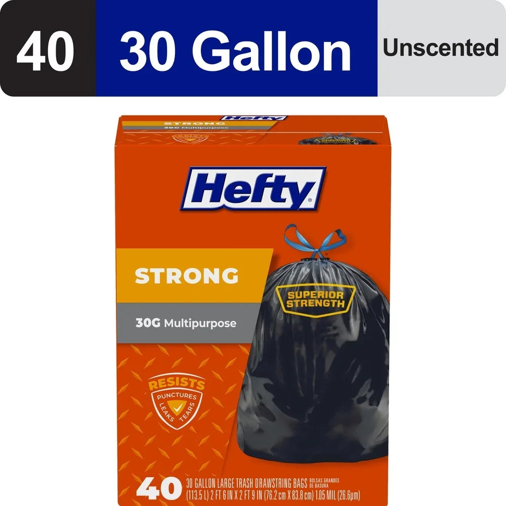 Heavy Duty Drawstring Trash Bags Unscented Puncture Resistant 40 Count