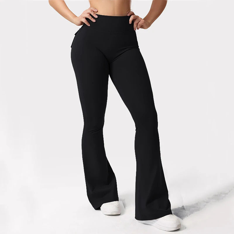 Womens Yoga Flare Trousers High Waist Tummy Control Knit Acetate