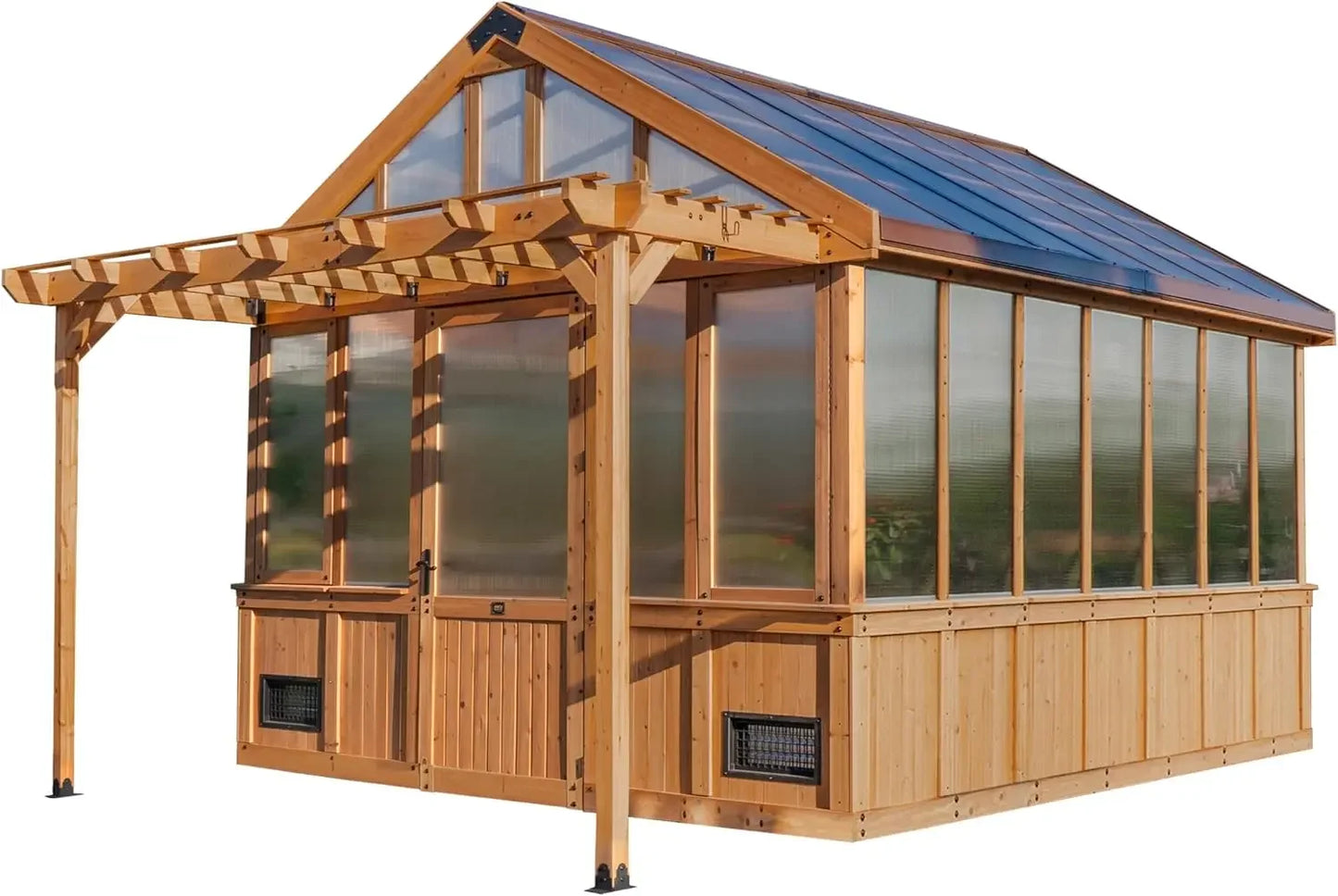 Cedar Walk-In Greenhouse Kit With Pergola Exhaust Fan Windows