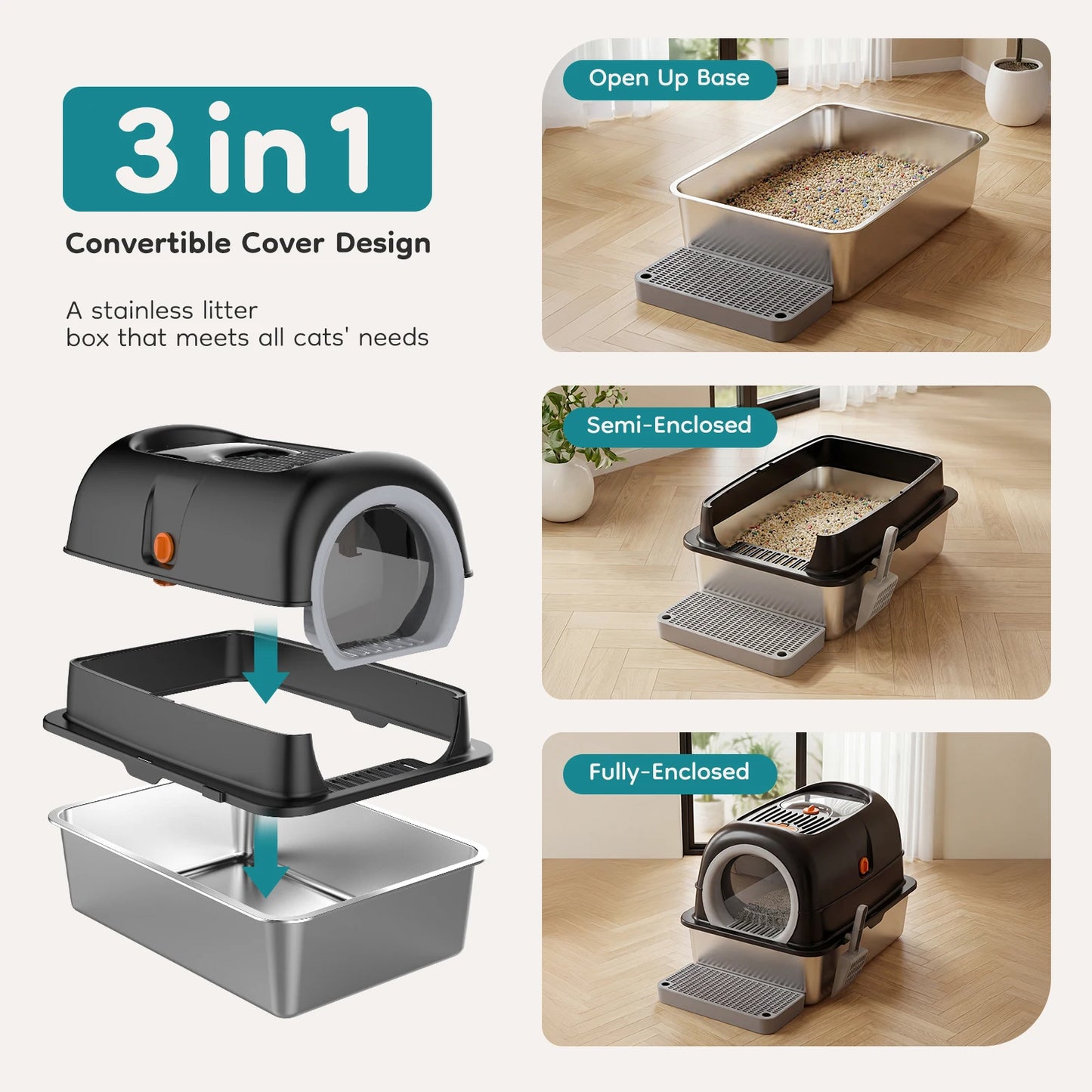 XL Stainless Steel Covered Cat Litter Box with Lid
