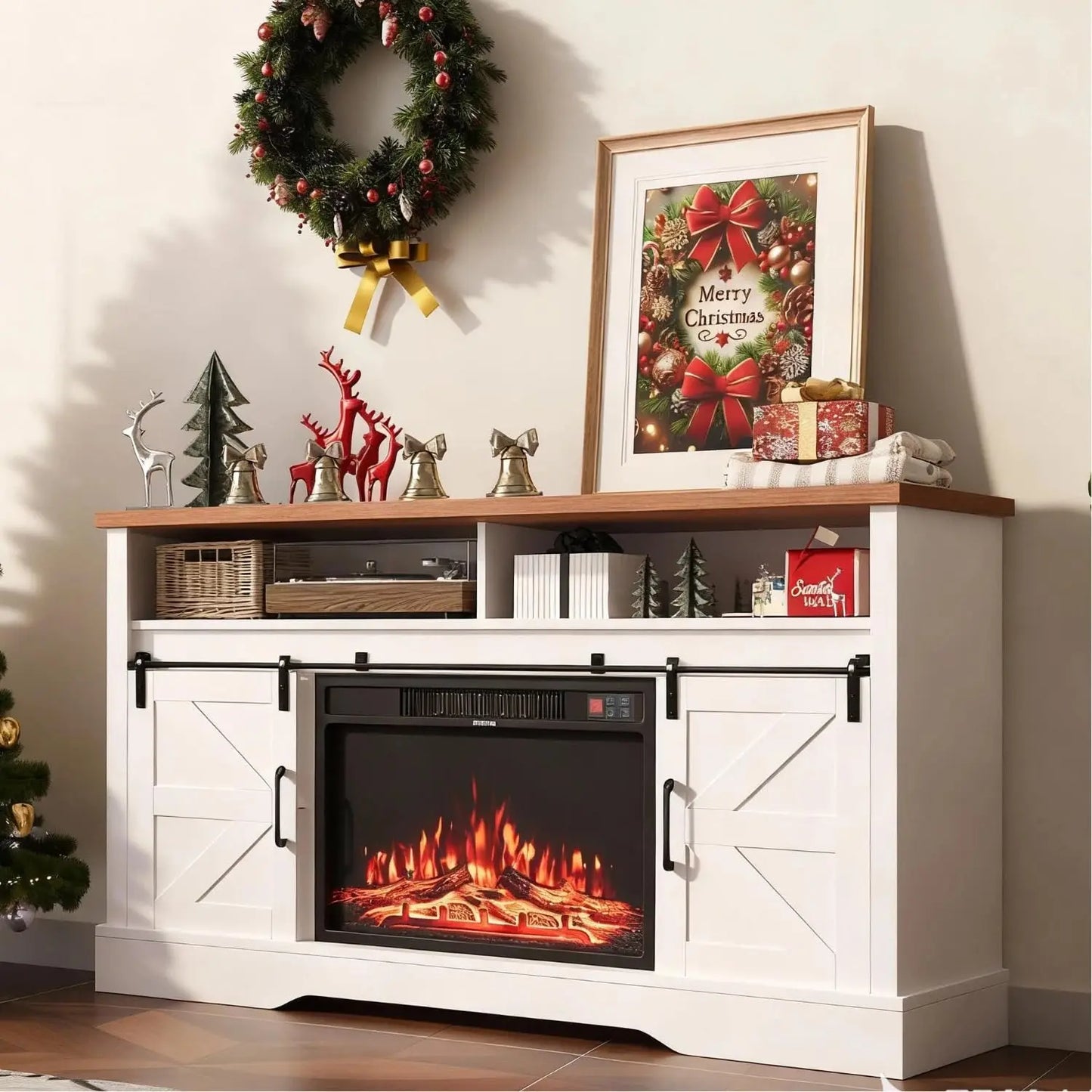 Farmhouse Style Electric Fireplace TV Stand Console Unit
