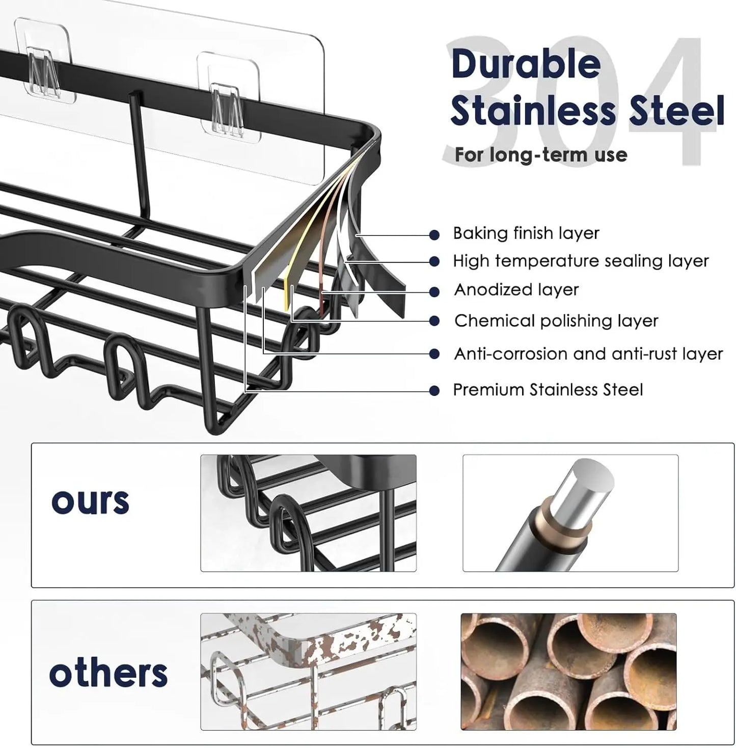 Rustproof Stainless Steel Shower Caddy Seven Pack Wall Organizer