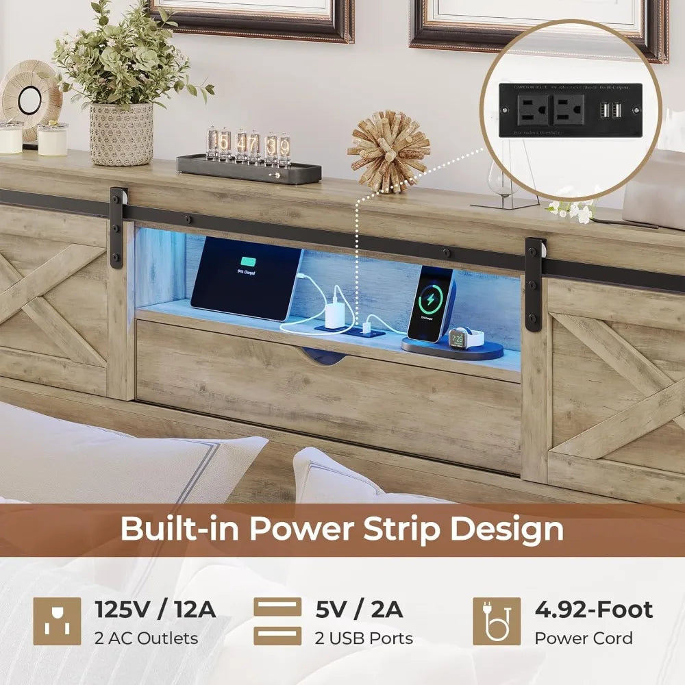 Bed Frame Rustic Farmhouse Style Storage Headboard LED Lights Charging Station