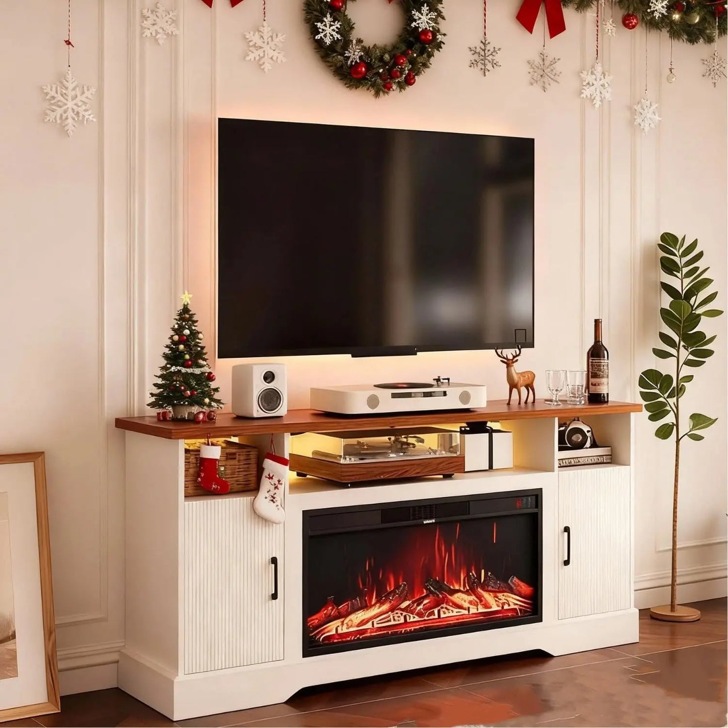 Farmhouse Style Electric Fireplace TV Stand Console Unit