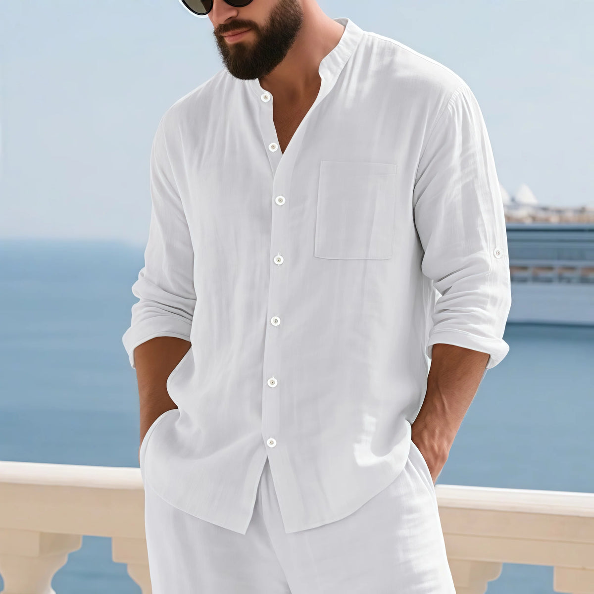 Men White Linen Mandarin Collar Button Down Shirt