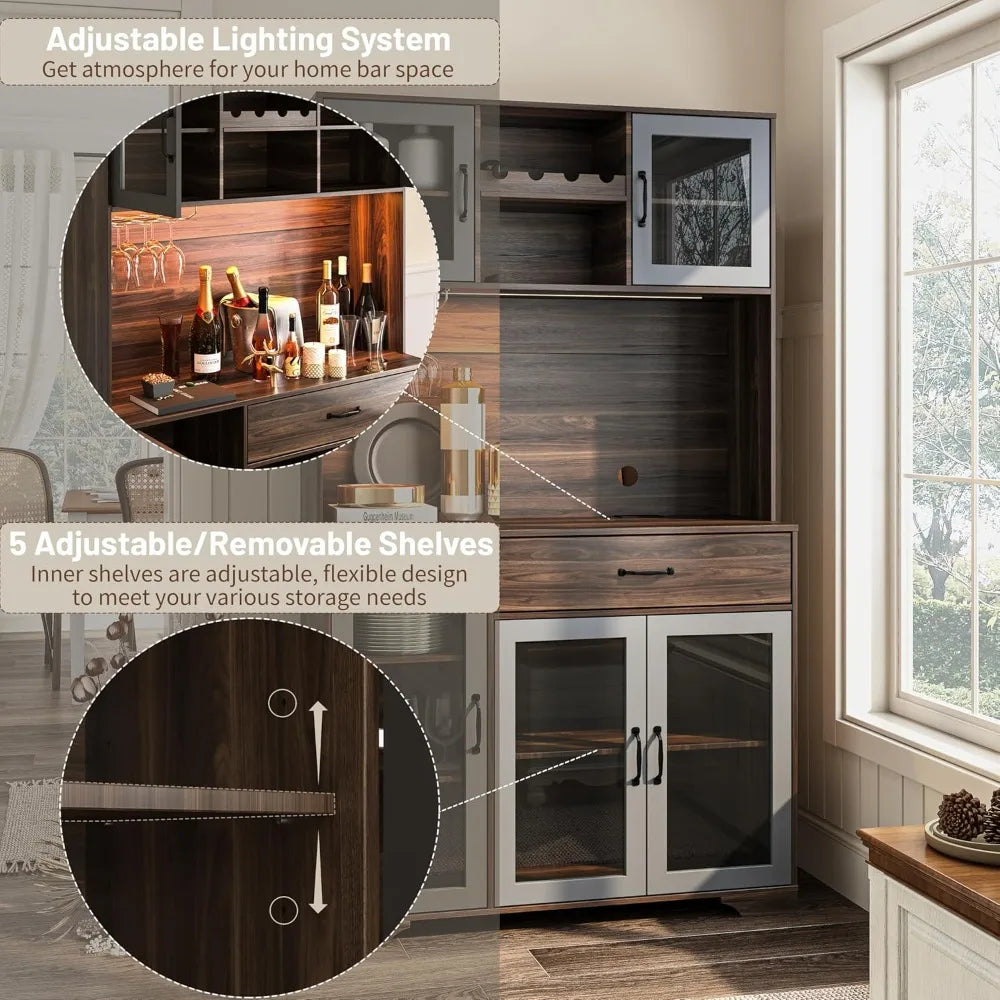 Coffee Bar Storage Cabinet With Charging Station And LED Lights