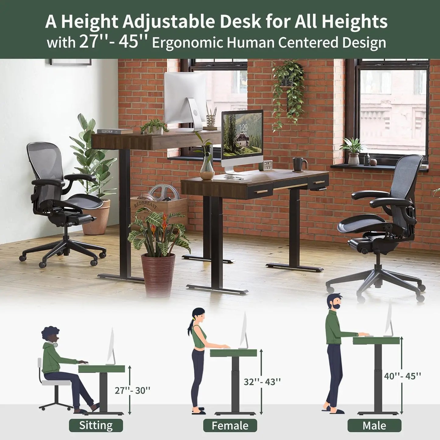 NONEDesk Mid Century Modern Standing Desk With 3 Drawers