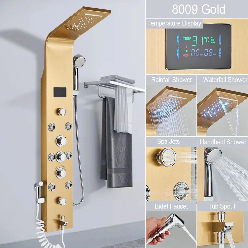 Gold Tone LED Shower Tower System for Bathroom