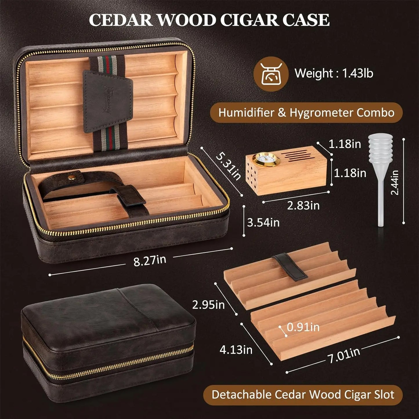 Tesonway Travel Humidor Cigar Case With Leather Cedar Wood Lighter