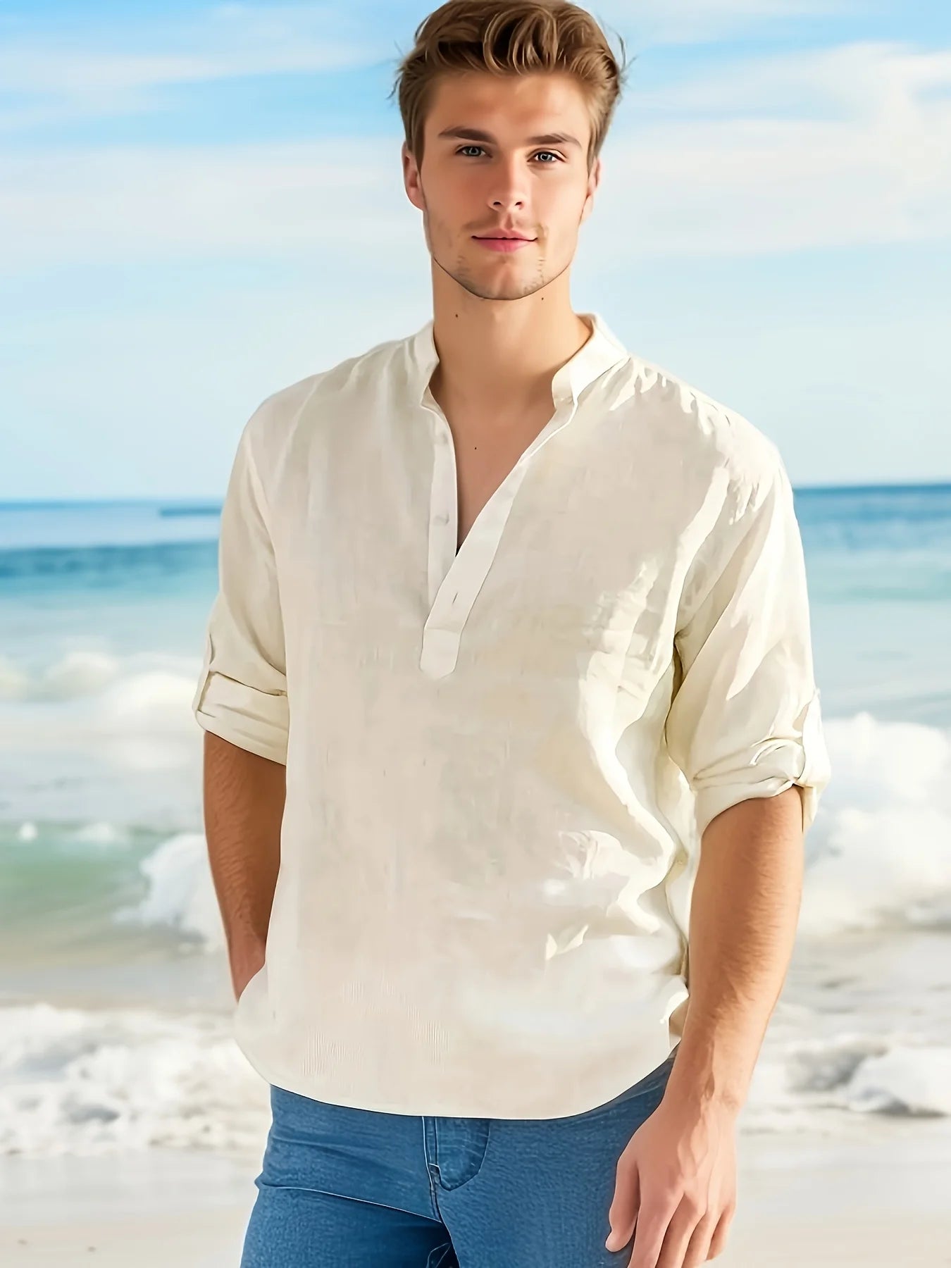 Men's Cotton Linen Stand Collar Long Sleeve Shirt Loose Fit