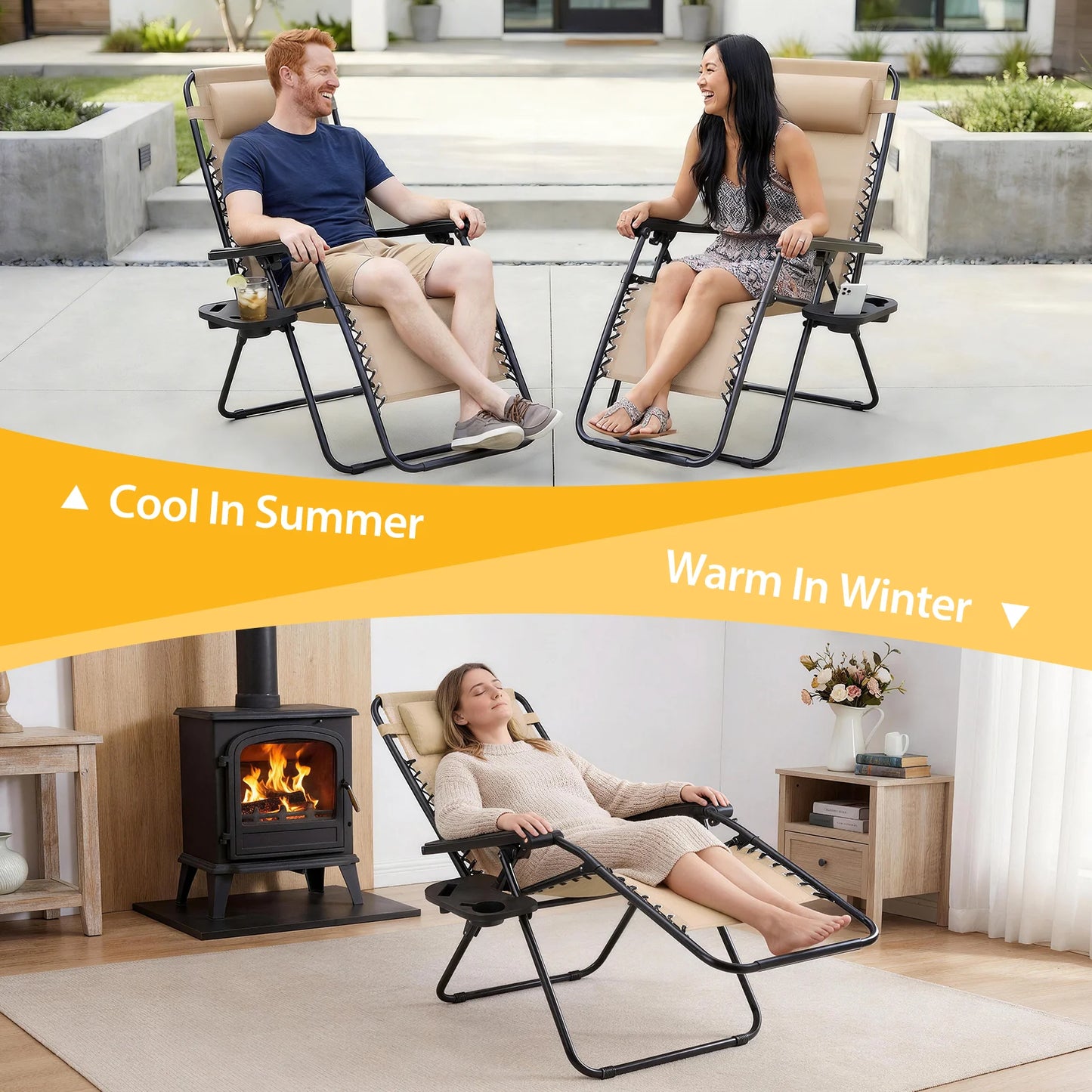 Set of Zero Gravity Reclining Lounge Chairs with Cup Holder Tray