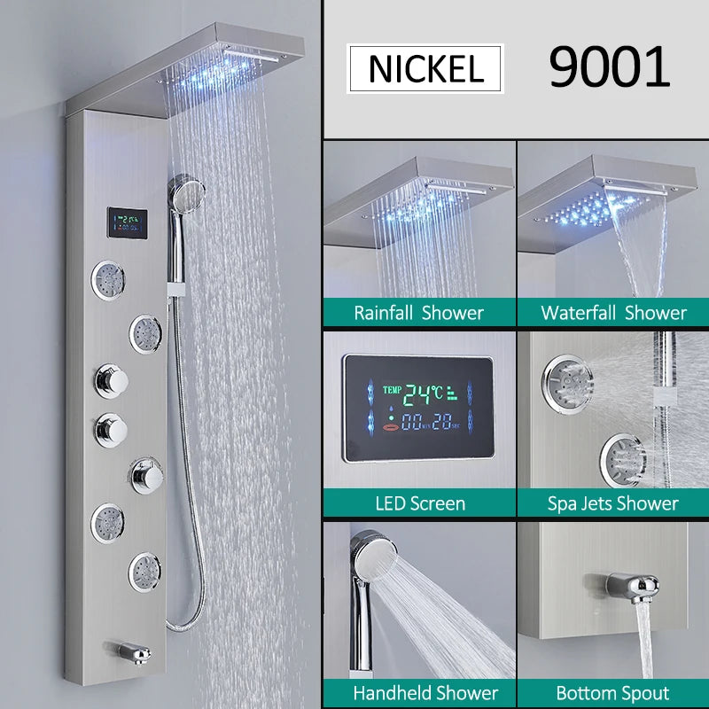 Quyanre LED Shower Panel Tower System With Hydroelectric LCD Display