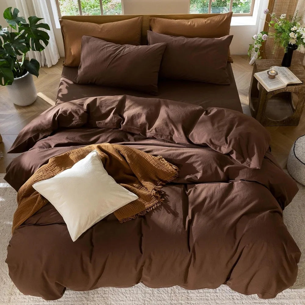 Washed Cotton Duvet Cover Set Linen Like Texture Breathable Soft