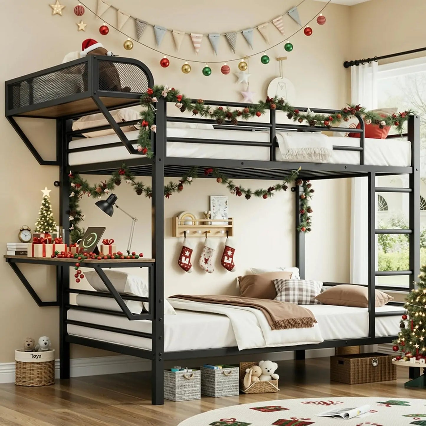 Twin Over Twin Metal Bunk Beds with Desk and Outlets