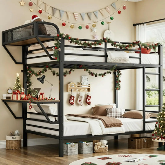 Twin Over Twin Metal Bunk Beds with Desk and Outlets