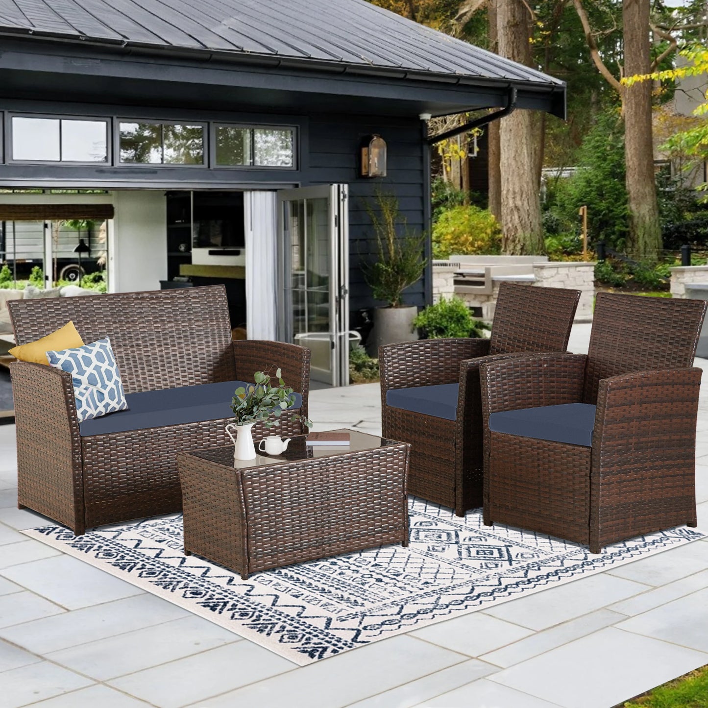 SEOGWISAM Outdoor 4 Piece Rattan Sectional Sofa Set