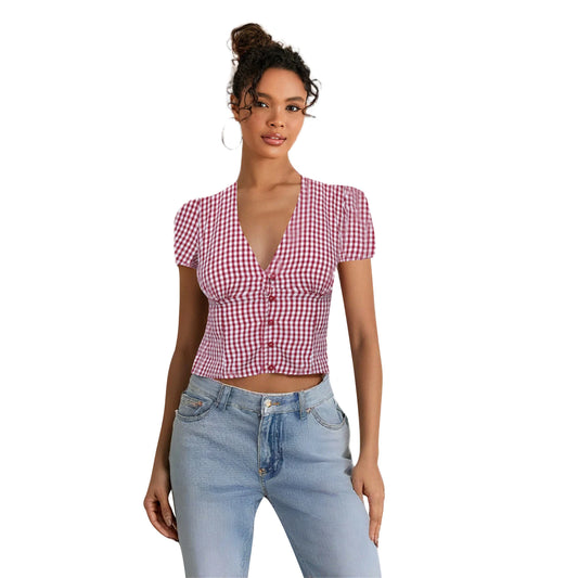 Checkered Print Blouse Crop Top