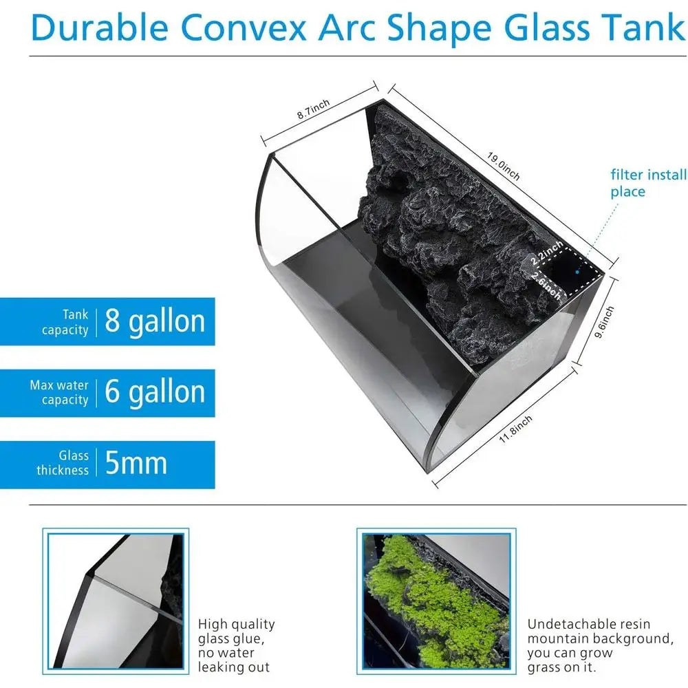 Glass Aquarium Kit With Curved View And 3D Rock Decor