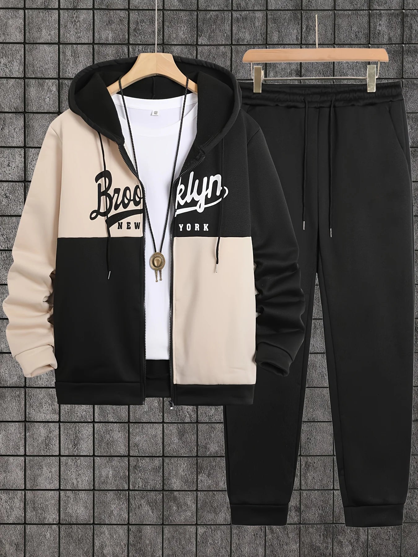 NONECN Men's Printed Zip Up Hoodie and Sweatpants Set