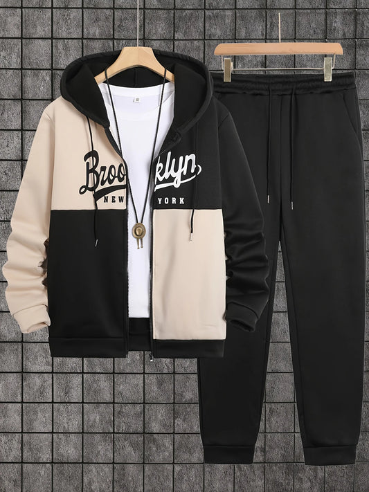 NONECN Men's Printed Zip Up Hoodie and Sweatpants Set