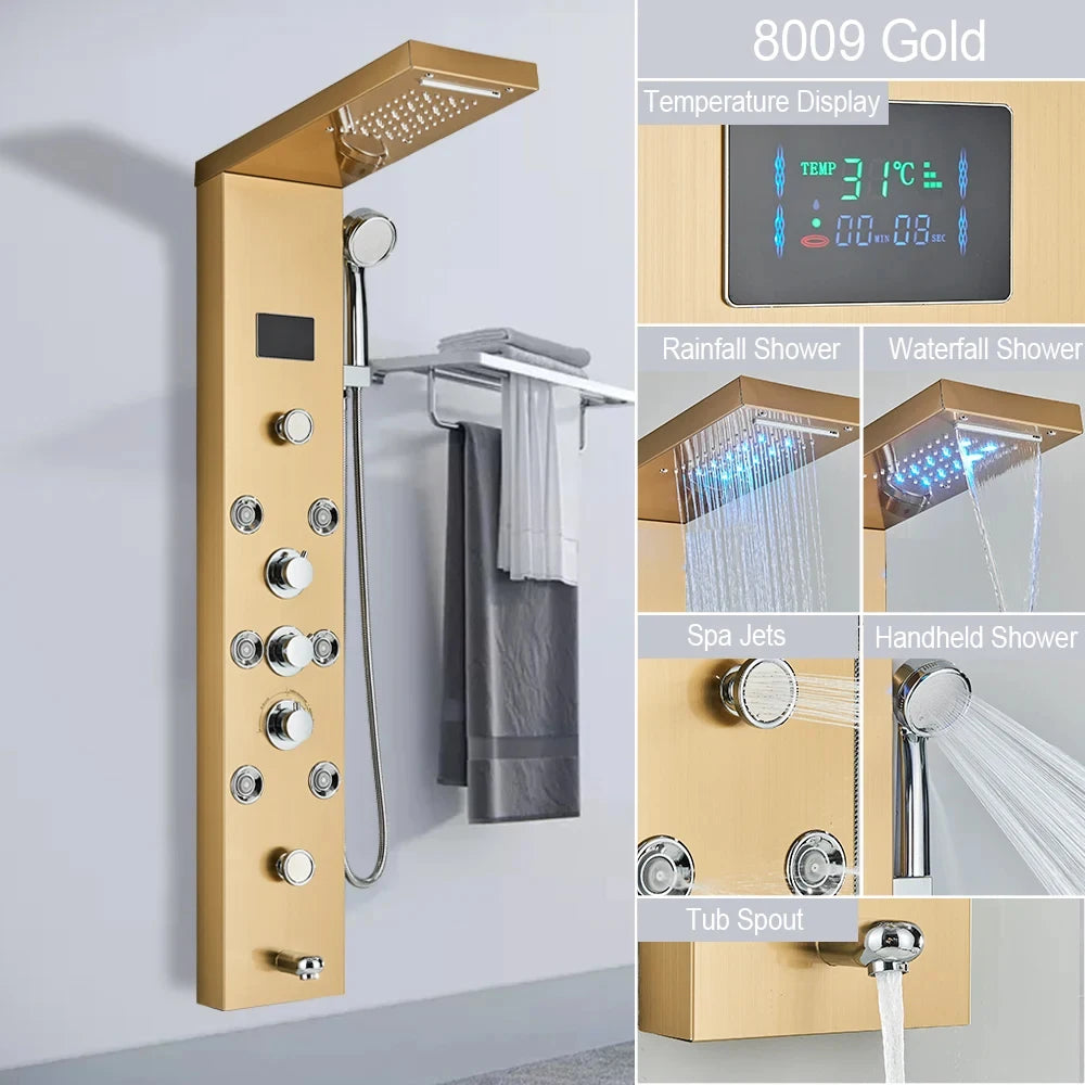 Gold Tone LED Shower Tower System for Bathroom