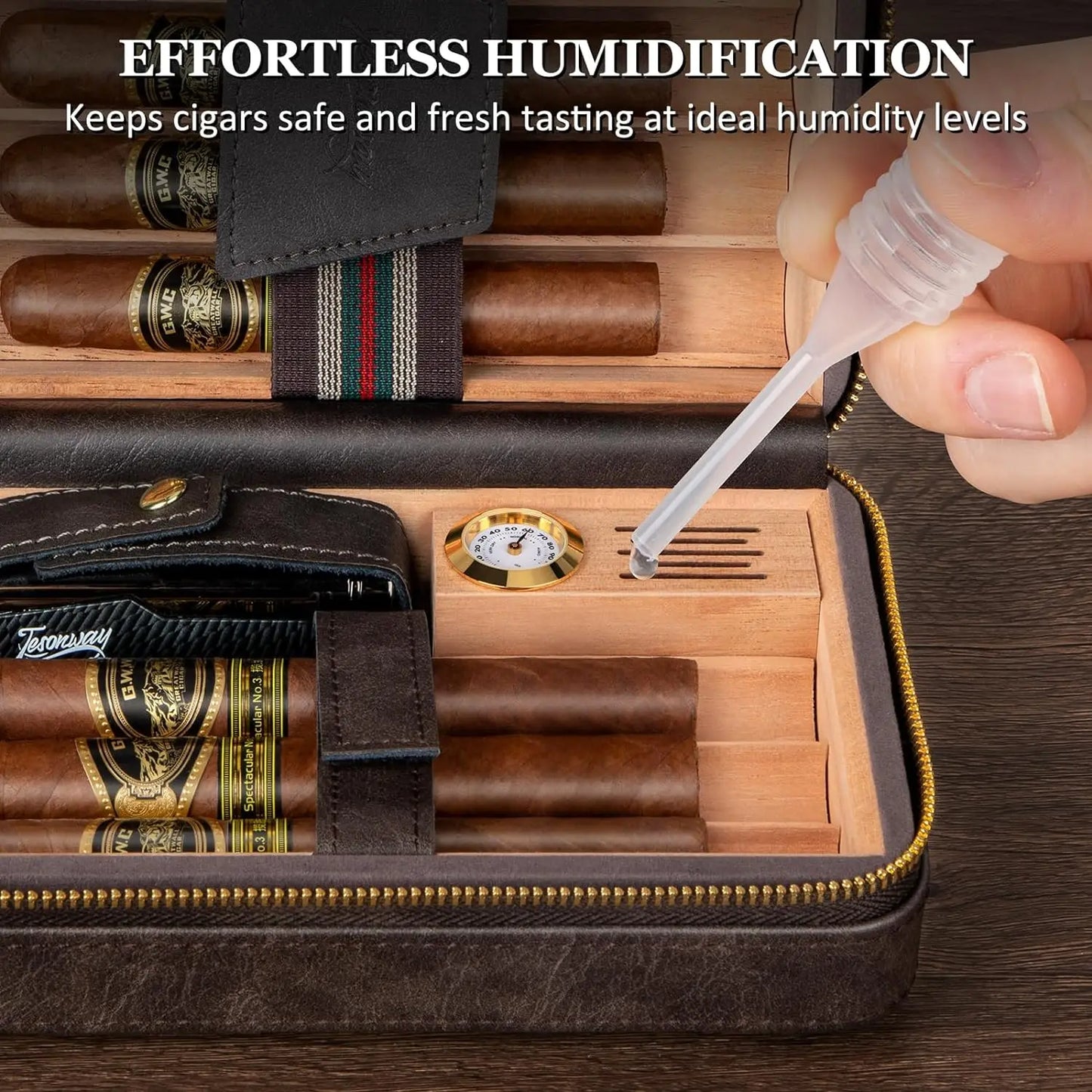 Tesonway Travel Humidor Cigar Case With Leather Cedar Wood Lighter