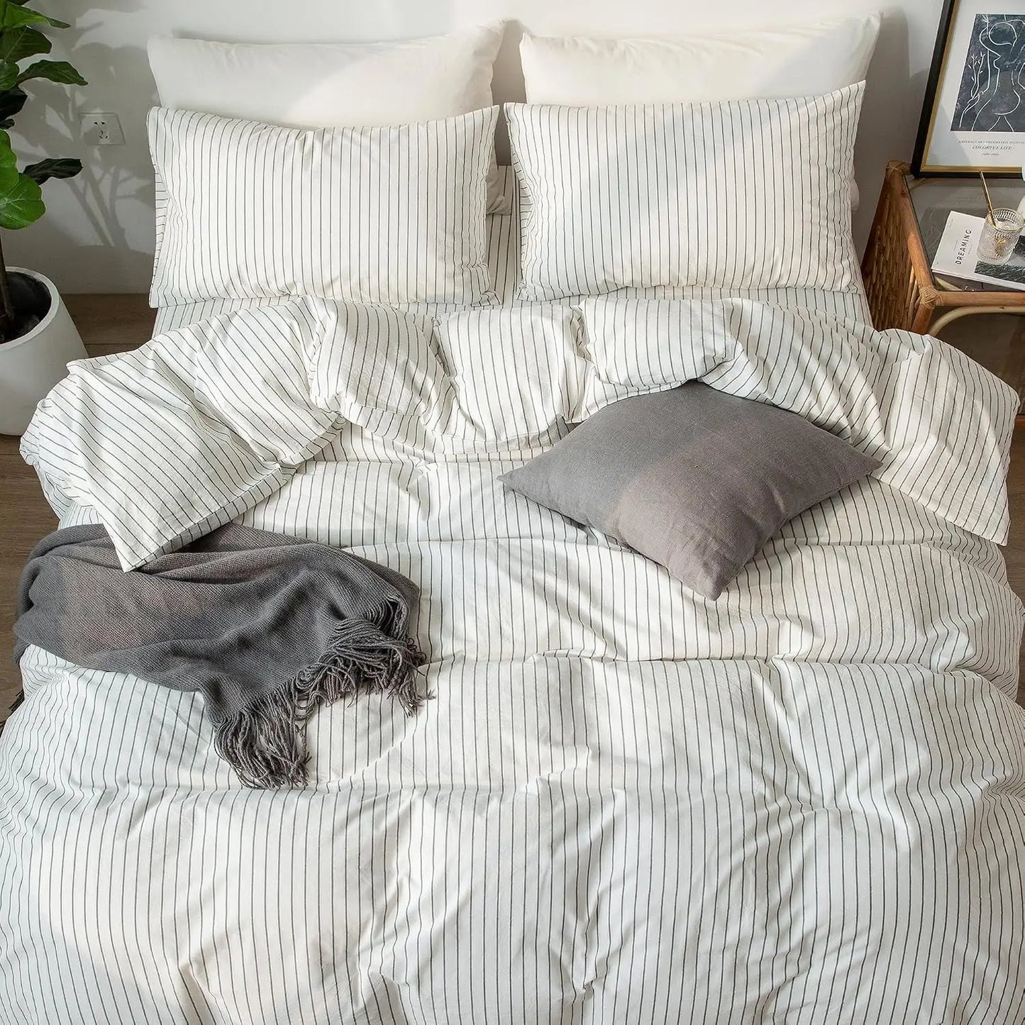 Duvet Cover Set Washed Cotton Linen Textured Stripes